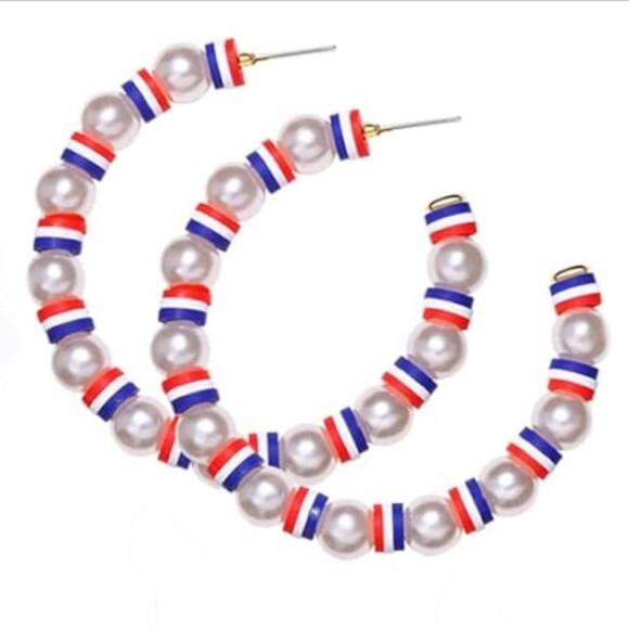 Patriotic Pearl and Heishi Bead Hoop Earrings 4th of July - Picture 1 of 1